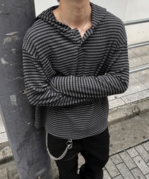 Chikashitsu +（チカシツプラス）の「【Chikashitsu +】henley neck border hoodie / 【チカシツプラス】ヘンリーネックボーダーフーディーパーカー（パーカー）」