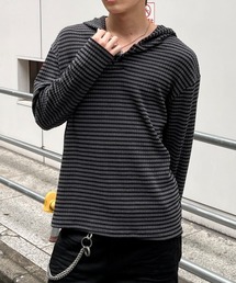 Chikashitsu +（チカシツプラス）の「【Chikashitsu +】henley neck border hoodie / 【チカシツプラス】ヘンリーネックボーダーフーディーパーカー（パーカー）」
