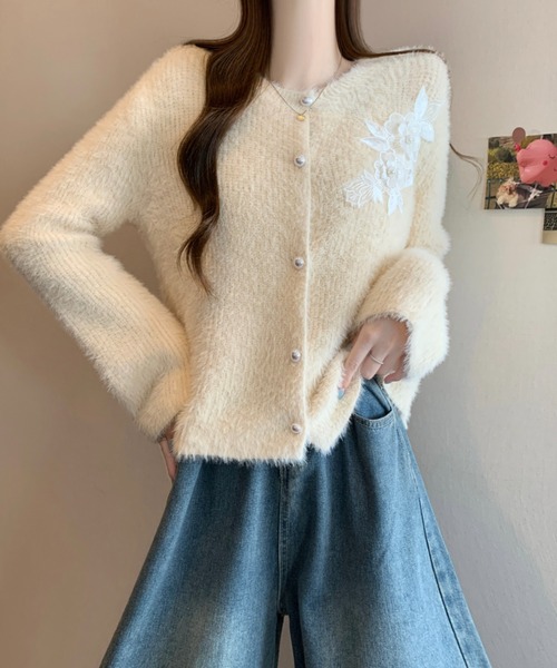 AMAJI(アマジ)の「ビジュー キャミソール リボン ニットカーディガン(カーディガン/ボレロ・レディース・ライトブルー/ベージュ/ライトピンク・FREE)」の5枚目の写真