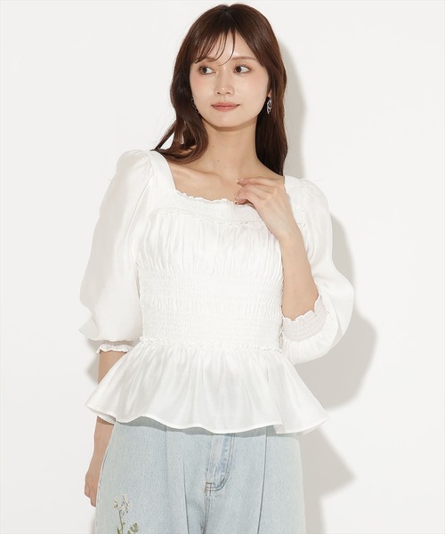 AND COUTURE(アンドクチュール)の「ウエストシャーリング7分袖ブラウス(シャツ/ブラウス・レディース・ホワイト/ブラック/ブラウン/ピンク・FREE)」の1枚目の写真