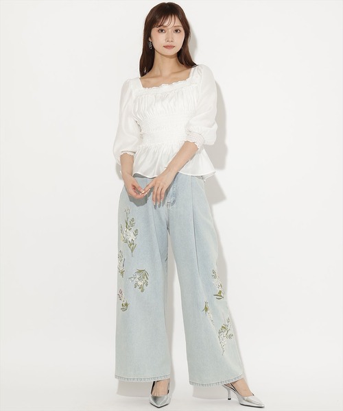AND COUTURE(アンドクチュール)の「ウエストシャーリング7分袖ブラウス(シャツ/ブラウス・レディース・ホワイト/ブラック/ブラウン/ピンク・FREE)」の5枚目の写真
