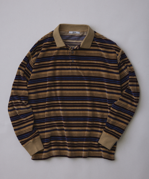 JOURNAL STANDARD relume（ジャーナルスタンダード　レリューム）の「ベロア ボーダー ポロシャツ（ポロシャツ・メンズ・ブラウン/アイボリー/ブラックミックス・MEDIUM/LARGE）」の2枚目の写真