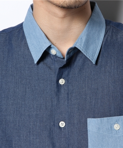 WEGO(ウィゴー)の「WEGO/切替デニムシャツ(シャツ/ブラウス・メンズ・ダークインディゴブルー/ライトインディゴブルー・MEDIUM/LARGE)」の7枚目の写真