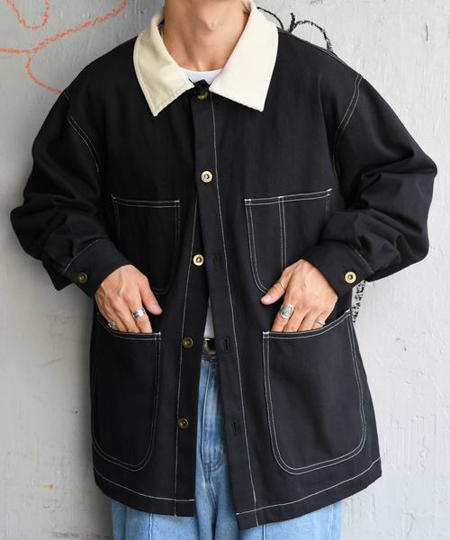 kutir（クティール）の「【クティールフルギ】襟配色ステッチカバーオール（ブルゾン・メンズ・ブラック/キャメル・MEDIUM/LARGE）」の8枚目の写真
