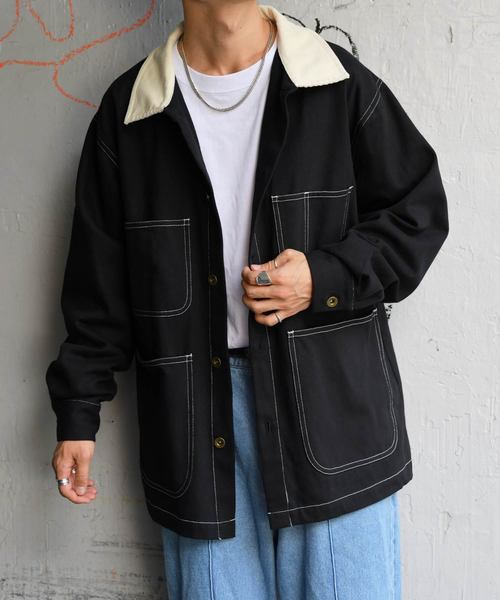 kutir（クティール）の「【クティールフルギ】襟配色ステッチカバーオール（ブルゾン・メンズ・ブラック/キャメル・MEDIUM/LARGE）」の9枚目の写真