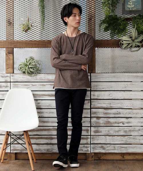 TopIsm(トップイズム)の「チョーカー付きフェイクレイヤードジャガードカットソー(Tシャツ/カットソー・メンズ・ブラウン/ネイビー/ブラック・M/LL/L)」の8枚目の写真