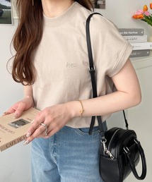 moment+（モーメントプラス）の「綿100％天竺.無地＆ボーダーモックネックフレンチスリーブロゴ刺繍Tシャツ（Tシャツ/カットソー・レディース）」