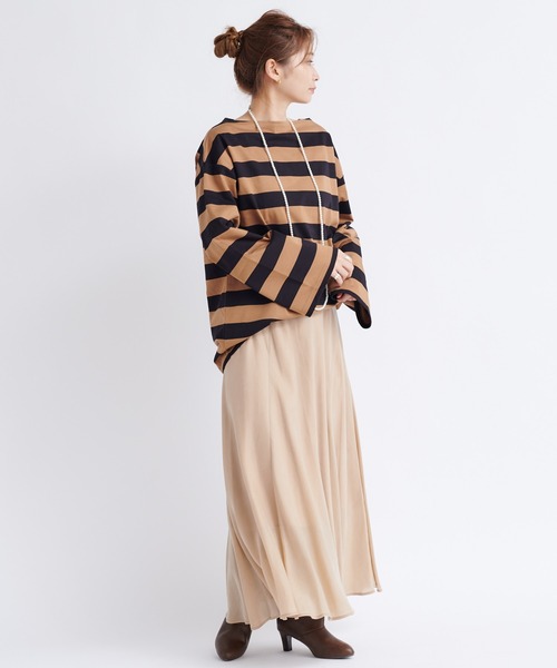 DouDou（ドゥドゥ）の「ワイドボーダービッグチュニックT（Tシャツ/カットソー・レディース・オフホワイト/キャメル・FREE）」の3枚目の写真