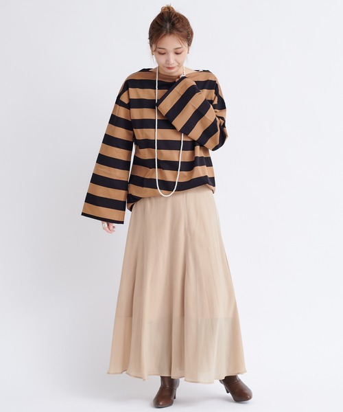 DouDou（ドゥドゥ）の「ワイドボーダービッグチュニックT（Tシャツ/カットソー・レディース・オフホワイト/キャメル・FREE）」の13枚目の写真