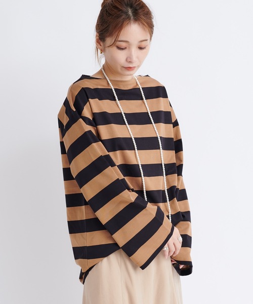 DouDou（ドゥドゥ）の「ワイドボーダービッグチュニックT（Tシャツ/カットソー・レディース・オフホワイト/キャメル・FREE）」の18枚目の写真