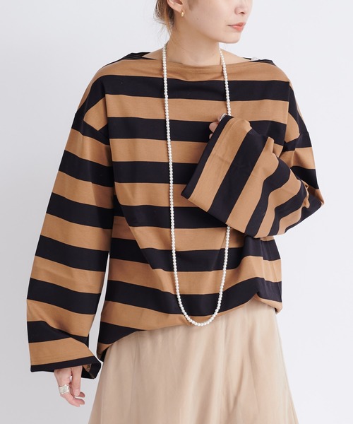 DouDou（ドゥドゥ）の「ワイドボーダービッグチュニックT（Tシャツ/カットソー・レディース・オフホワイト/キャメル・FREE）」の8枚目の写真