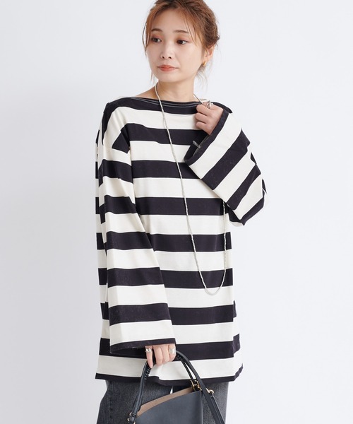 DouDou（ドゥドゥ）の「ワイドボーダービッグチュニックT（Tシャツ/カットソー・レディース・オフホワイト/キャメル・FREE）」の15枚目の写真