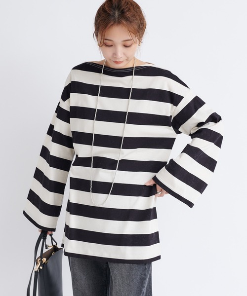 DouDou（ドゥドゥ）の「ワイドボーダービッグチュニックT（Tシャツ/カットソー・レディース・オフホワイト/キャメル・FREE）」の20枚目の写真