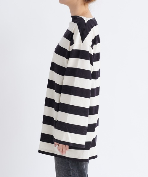 DouDou（ドゥドゥ）の「ワイドボーダービッグチュニックT（Tシャツ/カットソー・レディース・オフホワイト/キャメル・FREE）」の7枚目の写真