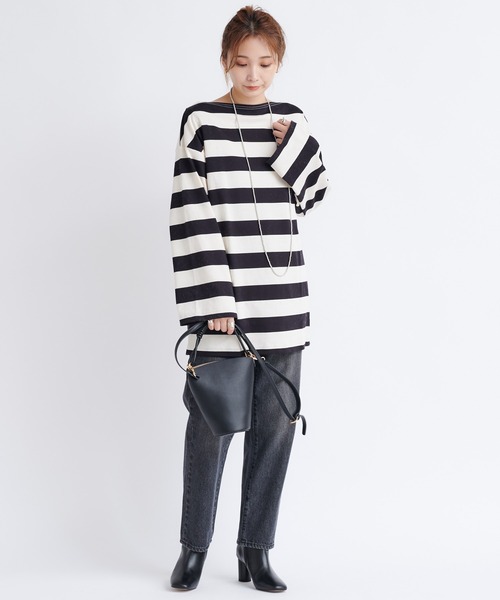 DouDou（ドゥドゥ）の「ワイドボーダービッグチュニックT（Tシャツ/カットソー・レディース・オフホワイト/キャメル・FREE）」の4枚目の写真