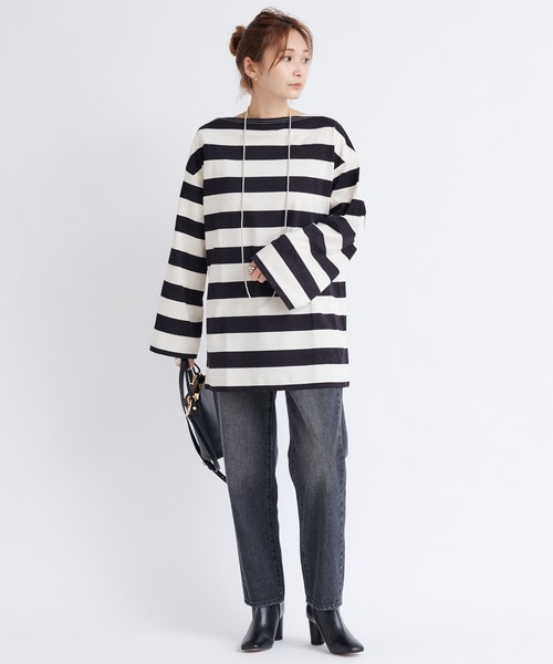 DouDou（ドゥドゥ）の「ワイドボーダービッグチュニックT（Tシャツ/カットソー・レディース・オフホワイト/キャメル・FREE）」の14枚目の写真