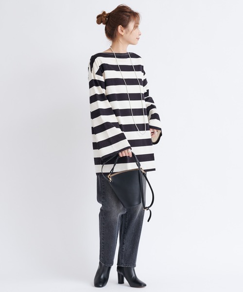 DouDou（ドゥドゥ）の「ワイドボーダービッグチュニックT（Tシャツ/カットソー・レディース・オフホワイト/キャメル・FREE）」の19枚目の写真