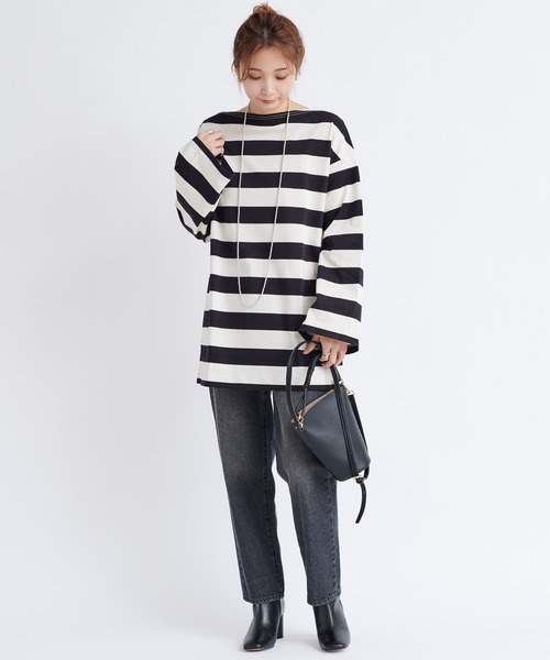 DouDou（ドゥドゥ）の「ワイドボーダービッグチュニックT（Tシャツ/カットソー・レディース・オフホワイト/キャメル・FREE）」の9枚目の写真