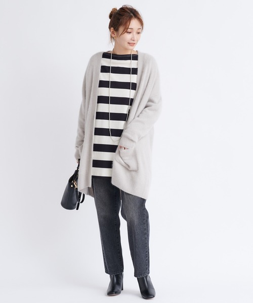 DouDou（ドゥドゥ）の「ワイドボーダービッグチュニックT（Tシャツ/カットソー・レディース・オフホワイト/キャメル・FREE）」の10枚目の写真