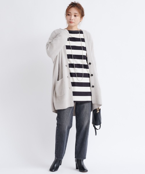 DouDou（ドゥドゥ）の「ワイドボーダービッグチュニックT（Tシャツ/カットソー・レディース・オフホワイト/キャメル・FREE）」の6枚目の写真