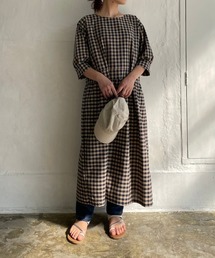 ギンガムチェックオーバーシルエット5分袖ワンピース