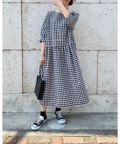 DAIS-Y（デイジー）の「ギンガムチェックオーバーシルエット5分袖ワンピース（ワンピース・レディース・ブラック/ネイビー・FREE）」の12枚目の写真