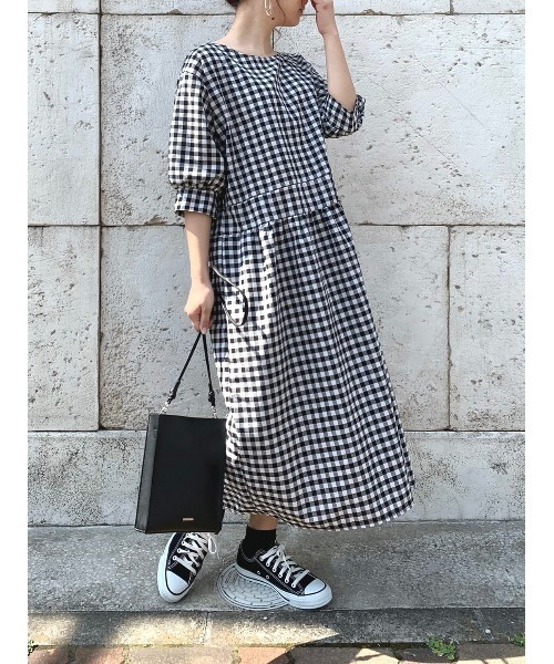 DAIS-Y（デイジー）の「ギンガムチェックオーバーシルエット5分袖ワンピース（ワンピース・レディース・ブラック/ネイビー・FREE）」の11枚目の写真