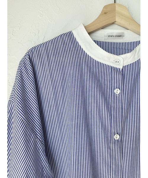 She's Closet（シーズクローゼット）の「スタンドカラーボリューム袖フレアロングストライプシャツワンピース【低身長向け/高身長向けサイズ有】（シャツワンピース・レディース・ブラック/ブルー・FREE/SHORT/TALL）」の14枚目の写真