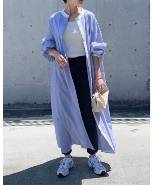 Shes スタンドカラーボリューム袖フレアロングストライプシャツワンピース シャツワンピース Closet シーズクローゼット のファッション ワンピース ドレス 低身長向け 高身長向けサイズ有 Closet シーズクローゼット のシャツワンピース スタンドカラー