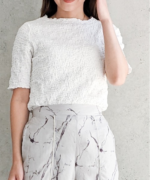 Per sist ence（パーシエンス）の「Per sist ence/パーシエンス　フクレジャカード 5分袖プルオーバー（Tシャツ/カットソー・レディース・アイボリー/オフホワイト/ブラック・FREE）」の6枚目の写真