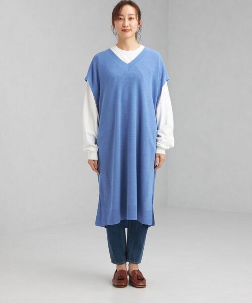 green label relaxing（グリーンレーベルリラクシング）の「カタアゼ ロング ニット ベスト -ウォッシャブル-（ベスト・レディース・ライトグレー/モカ/コバルトブルー・FREE）」の4枚目の写真