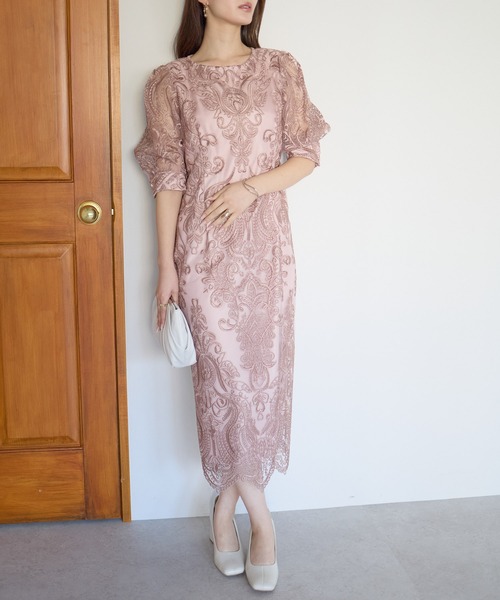 刺繍レース バックリボンドレス結婚式 パーティー オケージョン 上品