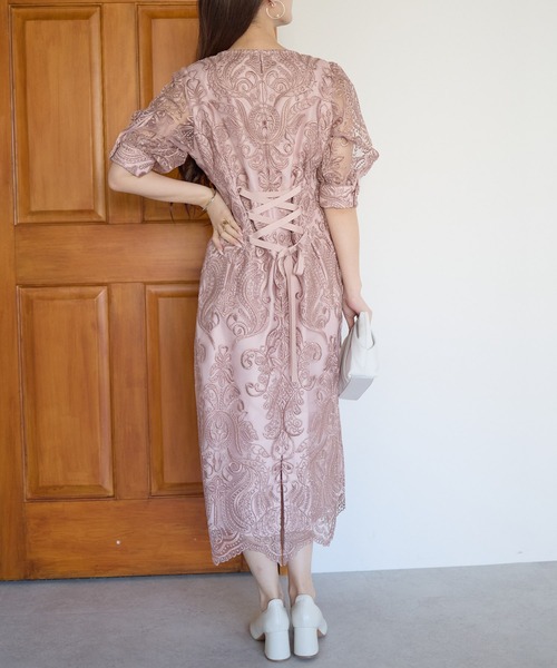 刺繍レース バックリボンドレス結婚式 パーティー オケージョン 上品