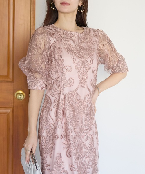 M 刺繍レース バックリボン 結婚式 パーティー オケージョン ドレス 刺繍レース バックリボンドレス結婚式 パーティー オケージョン 上品