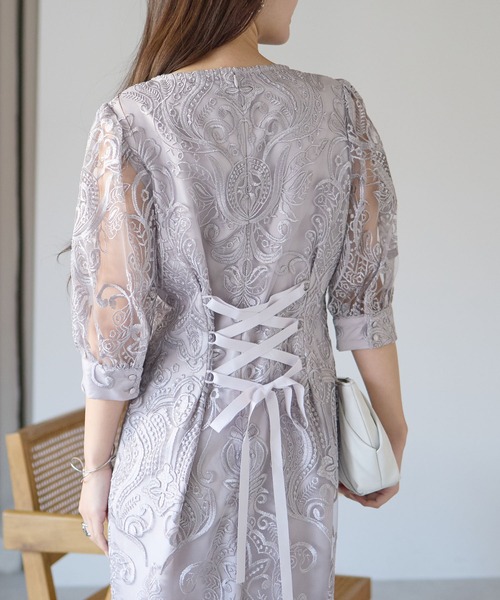 セール】刺繍レース バックリボンドレス結婚式 パーティー