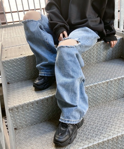 Figments（フィグメンツ）の「デストロイデニムバギーパンツ（デニムパンツ・レディース・インディゴブルー・SMALL/MEDIUM/LARGE）」の16枚目の写真