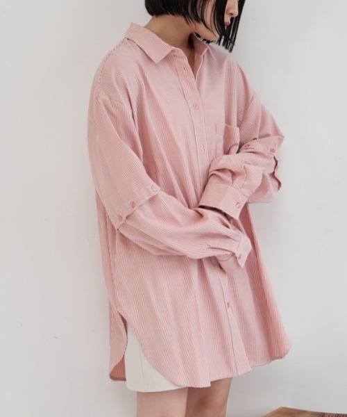 VANNIE U（ヴァニーユー）の「マルチスリーブストライプシャツ/半袖着用も可能/スリットスリーブ（シャツ/ブラウス・レディース・レッド/イエロー/ミント・FREE）」の3枚目の写真