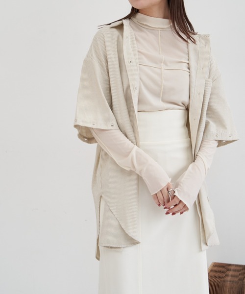 VANNIE U（ヴァニーユー）の「マルチスリーブストライプシャツ/半袖着用も可能/スリットスリーブ（シャツ/ブラウス・レディース・レッド/イエロー/ミント・FREE）」の9枚目の写真