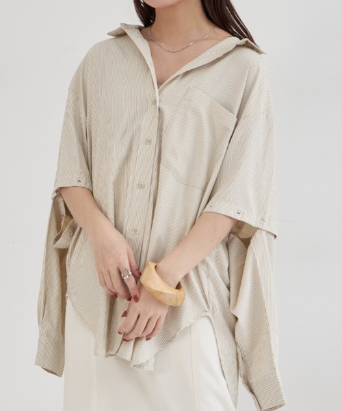 VANNIE U（ヴァニーユー）の「マルチスリーブストライプシャツ/半袖着用も可能/スリットスリーブ（シャツ/ブラウス・レディース・レッド/イエロー/ミント・FREE）」の5枚目の写真