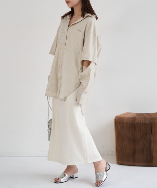 VANNIE U（ヴァニーユー）の「マルチスリーブストライプシャツ/半袖着用も可能/スリットスリーブ（シャツ/ブラウス・レディース・レッド/イエロー/ミント・FREE）」の7枚目の写真