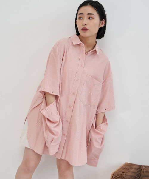 VANNIE U（ヴァニーユー）の「マルチスリーブストライプシャツ/半袖着用も可能/スリットスリーブ（シャツ/ブラウス・レディース・レッド/イエロー/ミント・FREE）」の12枚目の写真