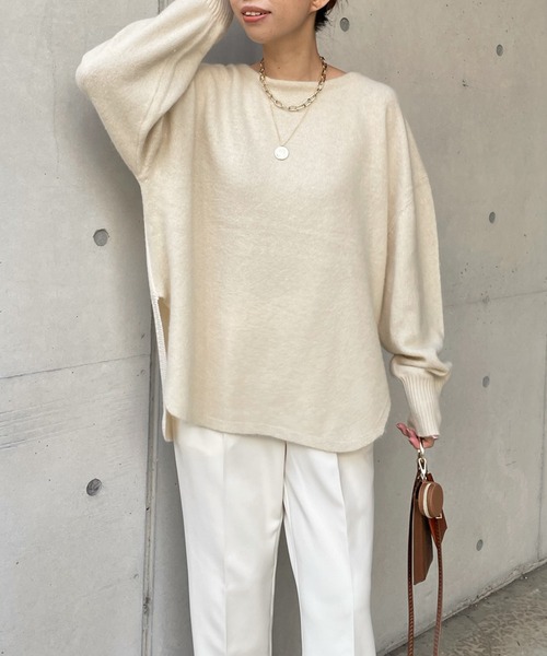 DouDou(ドゥドゥ)の「ラクーン編地切替プルオーバー(ニット/セーター・レディース・ライトグレー/モカ/バイオレット/オフホワイト・FREE)」の15枚目の写真