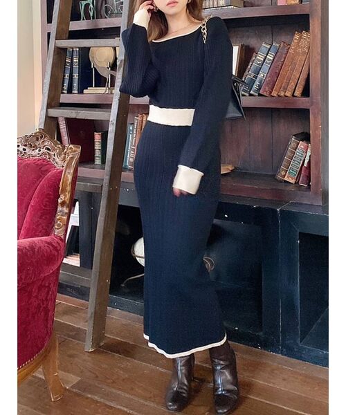 RESEXXY（リゼクシー）の「ドッキングタイトニットワンピース（ワンピース・レディース・ブラック/アイボリー/ベージュ・FREE）」の3枚目の写真