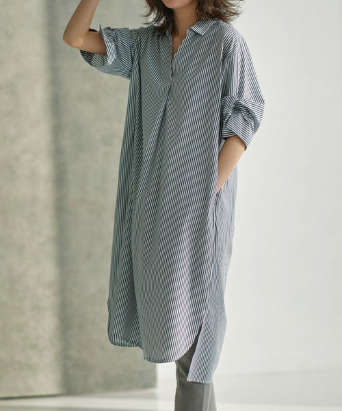 RANAN(ラナン)の「袖デザインストライプ柄シャツワンピース(シャツワンピース・レディース・ブルー系その他/ブラウン系/ネイビー系・M/L/LL)」の3枚目の写真