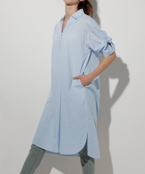 RANAN(ラナン)の「袖デザインストライプ柄シャツワンピース(シャツワンピース・レディース・ブルー系その他/ブラウン系/ネイビー系・M/L/LL)」の1枚目の写真