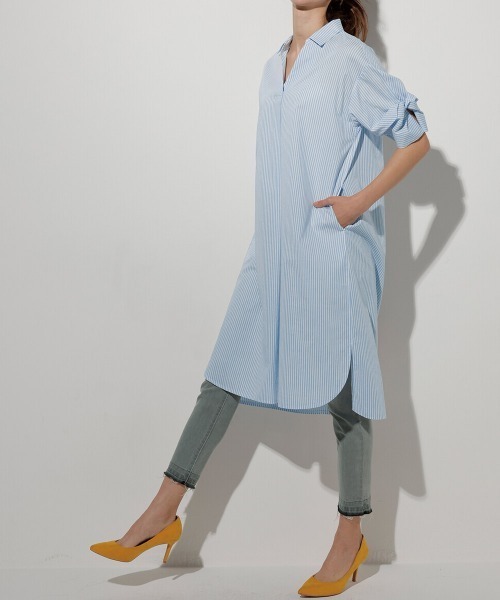 RANAN(ラナン)の「袖デザインストライプ柄シャツワンピース(シャツワンピース・レディース・ブルー系その他/ブラウン系/ネイビー系・M/L/LL)」の4枚目の写真