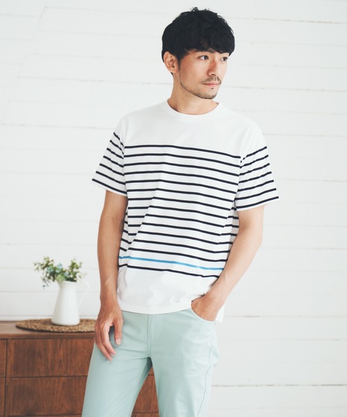 ikka（イッカ）の「VORTEXパネルボーダーTシャツ（Tシャツ/カットソー・メンズ・ホワイト/ネイビー/グレー/オリーブ・S/M/L/XL）」の21枚目の写真