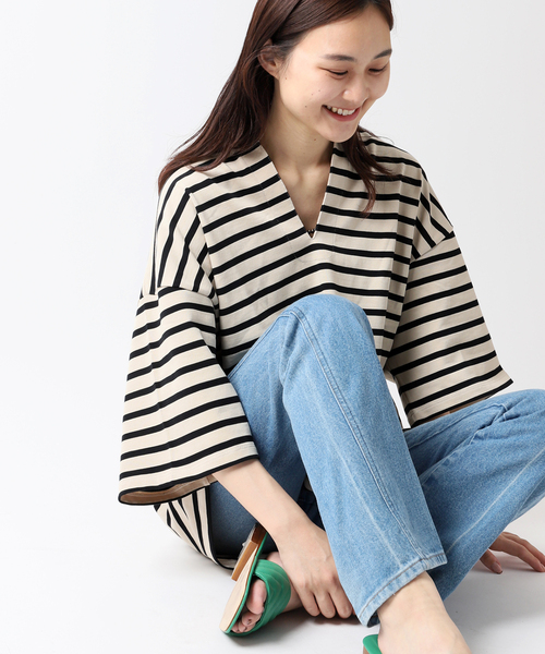 JOINT WORKS(ジョイントワークス)の「ボーダースキッパーTシャツ(Tシャツ/カットソー・レディース・ベージュ/ネイビー・FREE)」の1枚目の写真