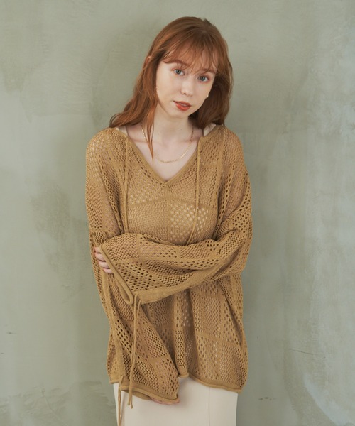 hinari パッチワークデザインMIXニット テラコッタ hinari パッチワークデザインMIXニット テラコッタ - トップス