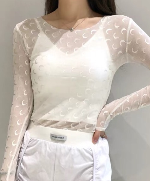 Vipoa(ヴィポア)の「シースルームーントップス(Tシャツ/カットソー・レディース・ホワイト/ブラック・FREE)」の10枚目の写真